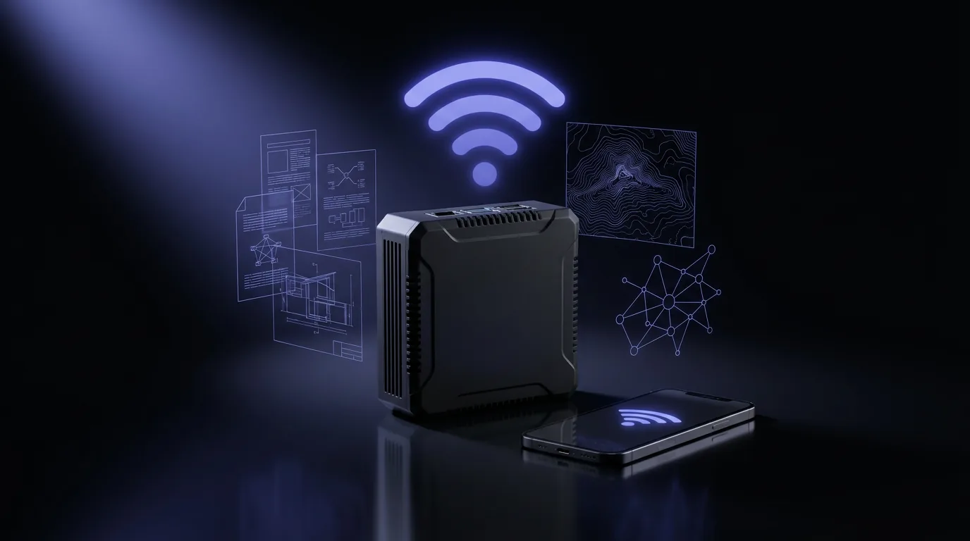 Symbolbild: stilisierte Visualisierung — kompakter Offline-Wissensserver sendet Inhalte per WLAN an ein Smartphone
